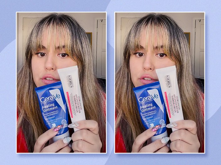 Editor holding up the Kiehl's Ultra Facial Advanced Repair Barrier Cream and CeraVe Healing Ointment