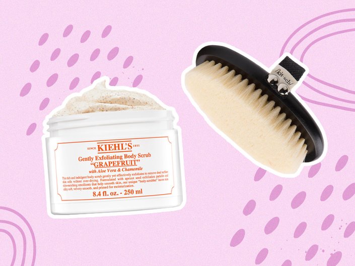 photo of exfoliating products on a pink background
